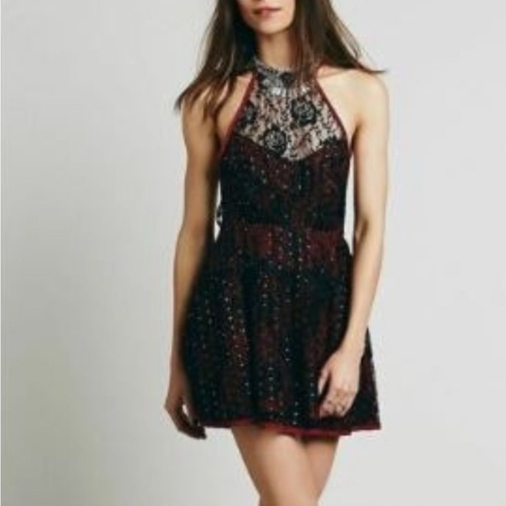 Free People Wish Upon A Star Lace Halter Dress - Red & Black Mini